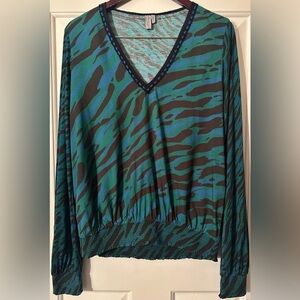 ANTHROPOLOGIE BL^NK LONDON Med Adlin Green Blue Zebra Animal Print V Neck Blouse